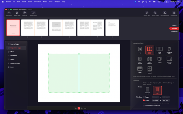 Imposition settings with preview strip