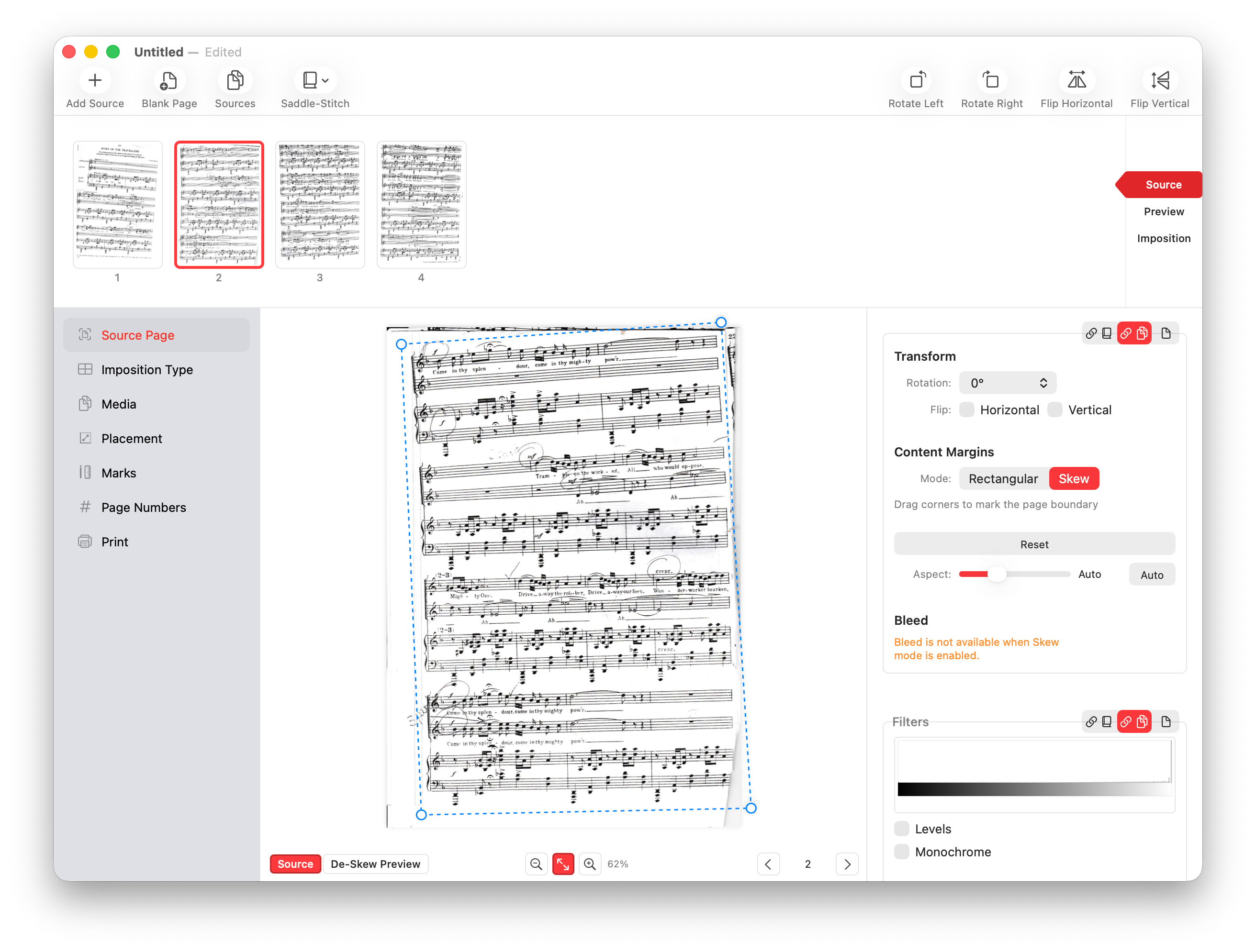 Octavo app showing PDF page arrangement and skew correction